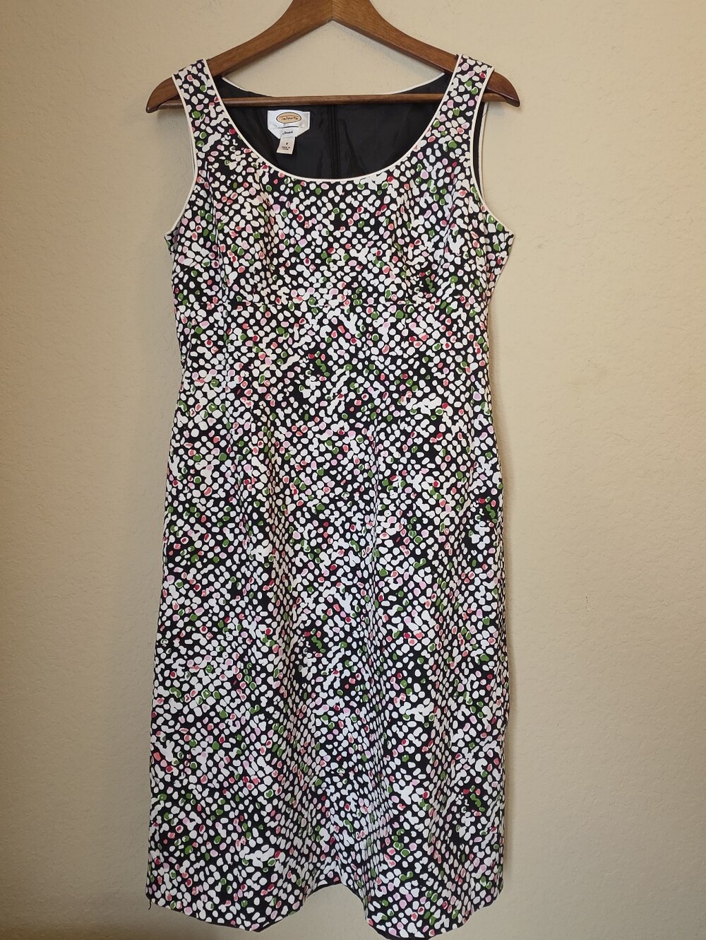 Talbots Stretch Sheath Dress Womens Size 8 White Pink Green Dots Scoop Neck